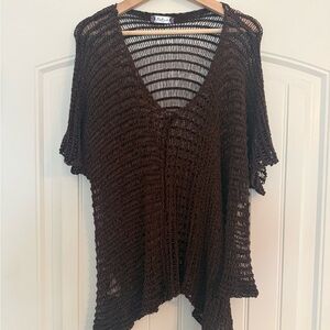 B&K Moda Brown Open-Knit V-Neck Sweater Asymmetrical Beach Minimalist Boho
